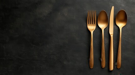 A set of elegant gold cutlery comprising a fork, knife, and two spoons is neatly arranged on a dark table, exuding luxury and refinement in its presentation.