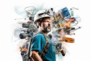 The Power of Tools: A determined construction worker stands confidently, surrounded by a whirlwind of tools, symbolizing the strength and innovation of the trades.  