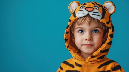 Cute Young Boy Dressed as a Tiger for Halloween on an Blue Banner with Space for Copy