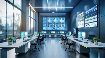 Wall Mural - a high-tech renewable energy control room, managing wind, solar, and hydropower grids in a clean, fu