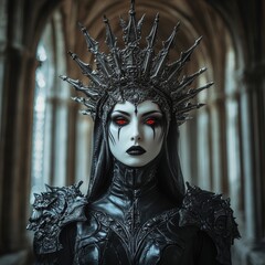 Wall Mural - portrait of an elegant dark priestess with black and white porcelain makeup, wearing an ornate silver metal crown