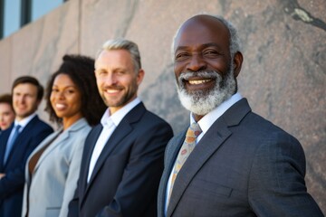 Sticker - Portrait of confident senior businessman standing in front of his team. Multiethnic business team standing in the background.