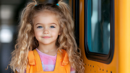 Cute Girl Getting on Yellow School Bus | Capturing Joy and Anticipation of School Days