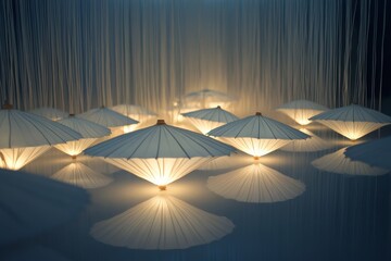 Poster - Produce a captivating image featuring LED-lit umbrellas, casting a soft glow in the darkness, elegantly displayed on a pure white canvas.,