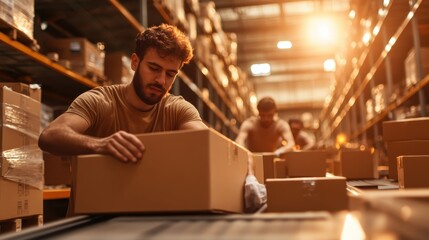 A focused young man methodically handles boxes in a sunlit warehouse aisle, illustrating diligence, teamwork, and efficiency in a modern logistics environment.