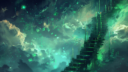 Poster - Stairway to heaven, magical green theme, sparkling night sky, floating swirling clouds, illuminated by a subtle ethereal glow