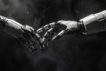 Poster - a human and robot hand working together in space, portraying a sense of unity and efficiency Use CG 3D to highlight the intricate details of both hands and the space environment.
