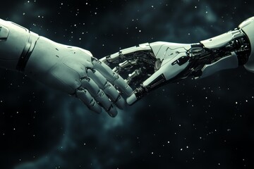Poster -  human and robot hand working together in space, portraying a sense of unity and efficiency Use CG 3D to highlight the intricate details of both hands and the space environment.