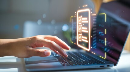 A close-up of a hand using a laptop, with holographic technology displayed above the keyboard. The image conveys modern digital interaction and innovation.