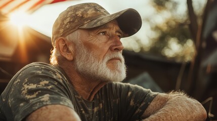 An elderly man wearing a camouflage outfit and baseball cap sits thoughtfully with the sun setting in the background, evoking a sense of nostalgia and contemplation.