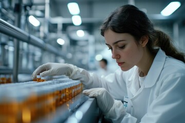 Sticker - A woman in a lab coat operating machinery in a laboratory setting