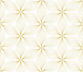 Wall Mural - Gold vector geometric seamless pattern with floral silhouette, curved lines. Repetitive texture.