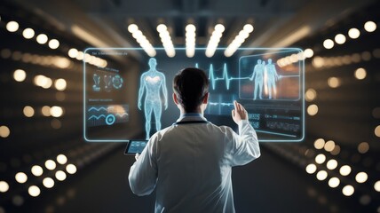 A healthcare professional interacts with a holographic medical display, analyzing patient data and health metrics. The futuristic setting emphasizes technology's role in medicine.