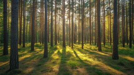 Wall Mural - Sunbeams shining through the trees in a dense pine forest.