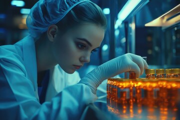 Wall Mural - A woman in a lab coat works on a machine in a laboratory setting