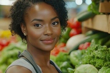 Poster - A vendor stands in front of a colorful vegetable stand, offering fresh produce