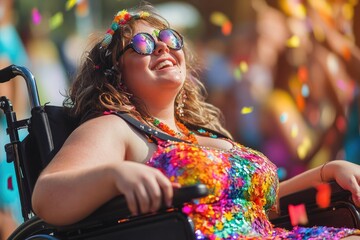 Sticker - A woman sits comfortably in her wheelchair wearing a colorful dress, suitable for lifestyle or medical illustration