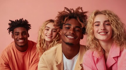 Four young friends exude joy and camaraderie in a pastel backdrop, smiling and embracing the moment with affection, warmth, and a youthful charm in a playful scene.