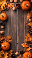 Poster - autumn celebration vertical banner design flat lay pumpkins leaves nuts berries pine cones wooden background