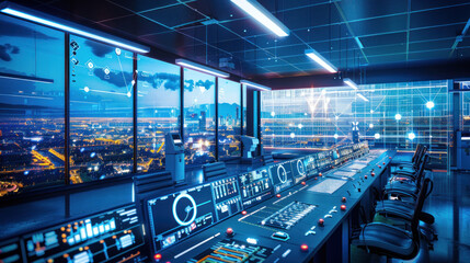 Wall Mural - a smart energy grid control room, managing a city's renewable energy infrastructure with advanced te