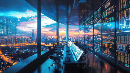Wall Mural - a smart energy grid control room, managing a city's renewable energy infrastructure with advanced te
