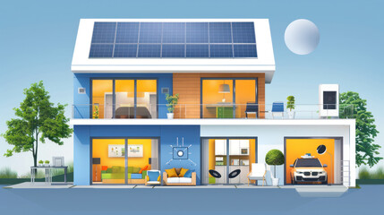 Wall Mural - a smart home of the future with advanced energy storage systems, where solar power is efficiently st