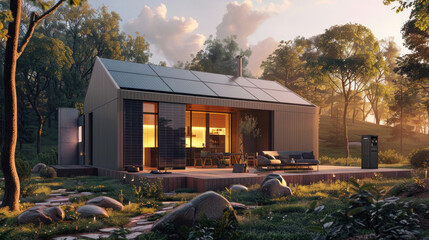 Wall Mural - a smart home of the future with advanced energy storage systems, where solar power is efficiently st