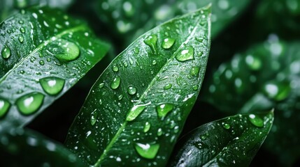 A serene capture of lush leaves glistening with bright dew drops, conveying a sense of tranquility and nature's beauty, emphasized by soft, even lighting.