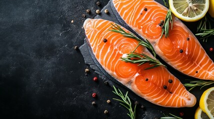 Two fresh salmon fillets with rosemary and lemon on a black slate background.