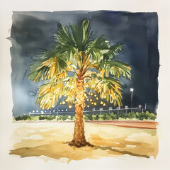 Sticker - watercolor sketch of a palm tree with christmas tree lights