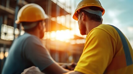 Two construction workers in yellow helmets converse while examining a construction site in the glow of the setting sun, epitomizing planning and collaboration.