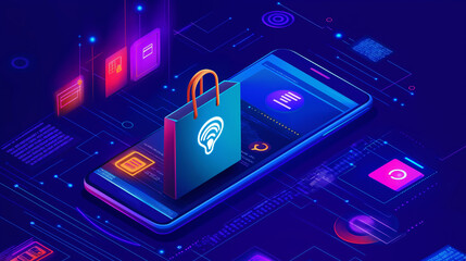 Smartphone with shopping bag icon, digital network background.