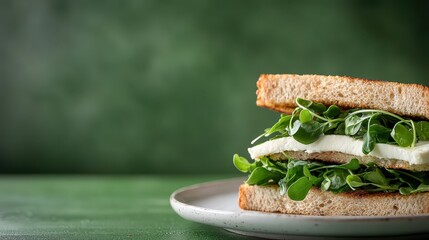 A delicious sandwich filled with fresh greens and cheese sits on a ceramic plate, set against a subtle green backdrop, perfect for healthy meal inspiration.