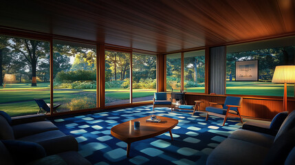 Wall Mural - Mid-century modern living room with large windows overlooking a grassy landscape.