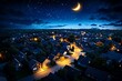 © Thanyarat - Realistic image of a quiet suburban neighborhood at night, with houses darkened as families sleep and the stars shining brightly above, symbolizing the restfulness of sleep at night