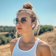 Sticker - Young white girl with bun on hair white tank top clear eyes blond hair with sunglasses and earphones