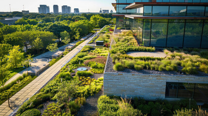 Corporate headquarters powered by renewable energy, featuring green roofs, sustainable business practices, and eco-friendly initiatives