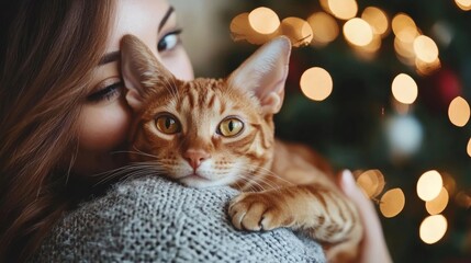 Cropped shot of young woman holding her cute domestic abyssinian cat. Unrecognizable female petting purebred short haired kitty on her lap. Christmas tree with lights background, copy space, close up