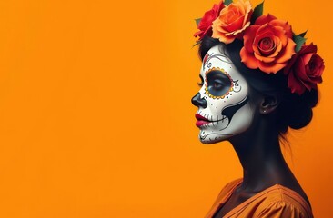 November 1 holiday Day of the Dead, young girl with a painted face sugar skull, marigolds on her head, at the Day of the Dead holiday, Dia De Los Muertos, Halloween celebration background.