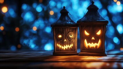 Two halloween lanterns with evil eyes and face on a wood table with a spooky dark blue background at night with light bokeh.