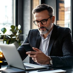 Poster - A professional man working on his smartphone and laptop in a modern office setting.