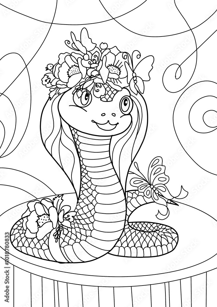 coloring page for children and adults cute cobra snake with flower ...
