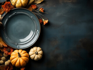 Flat lay composition of autumn harvest pottery and copy space. Rustic stoneware with fall decor. Teal plate on teal background with pumpkins and herbs. Wabi sabi pottery inspiration. Food blog concept