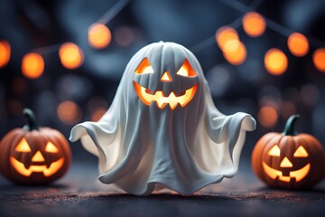 A ghost and bright jack-o'-lanterns glowing together in the dark, symbolizing Halloween's festive, fun, and slightly spooky atmosphere.