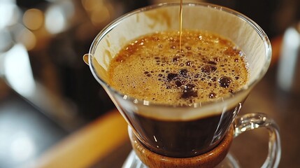 Close-up of coffee brewing in a glass pour-over coffee maker.