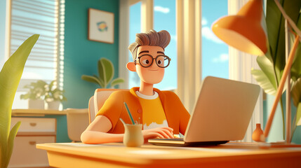 A cartoon character enjoying a freelancing lifestyle working from a bright, cozy home office