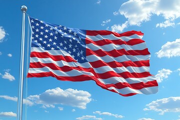 american flag fluttering in the wind on blue sky background