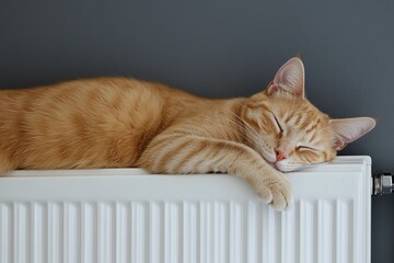 Cute cat warming up on heating radiator battery