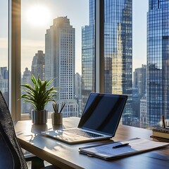 Poster - A modern office with a laptop, plants, and a city skyline view during sunset.