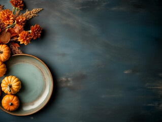 Flat lay composition of autumn harvest pottery and copy space. Rustic stoneware with fall decor. Teal plate on teal background with pumpkins and herbs. Wabi sabi pottery inspiration. Food blog concept